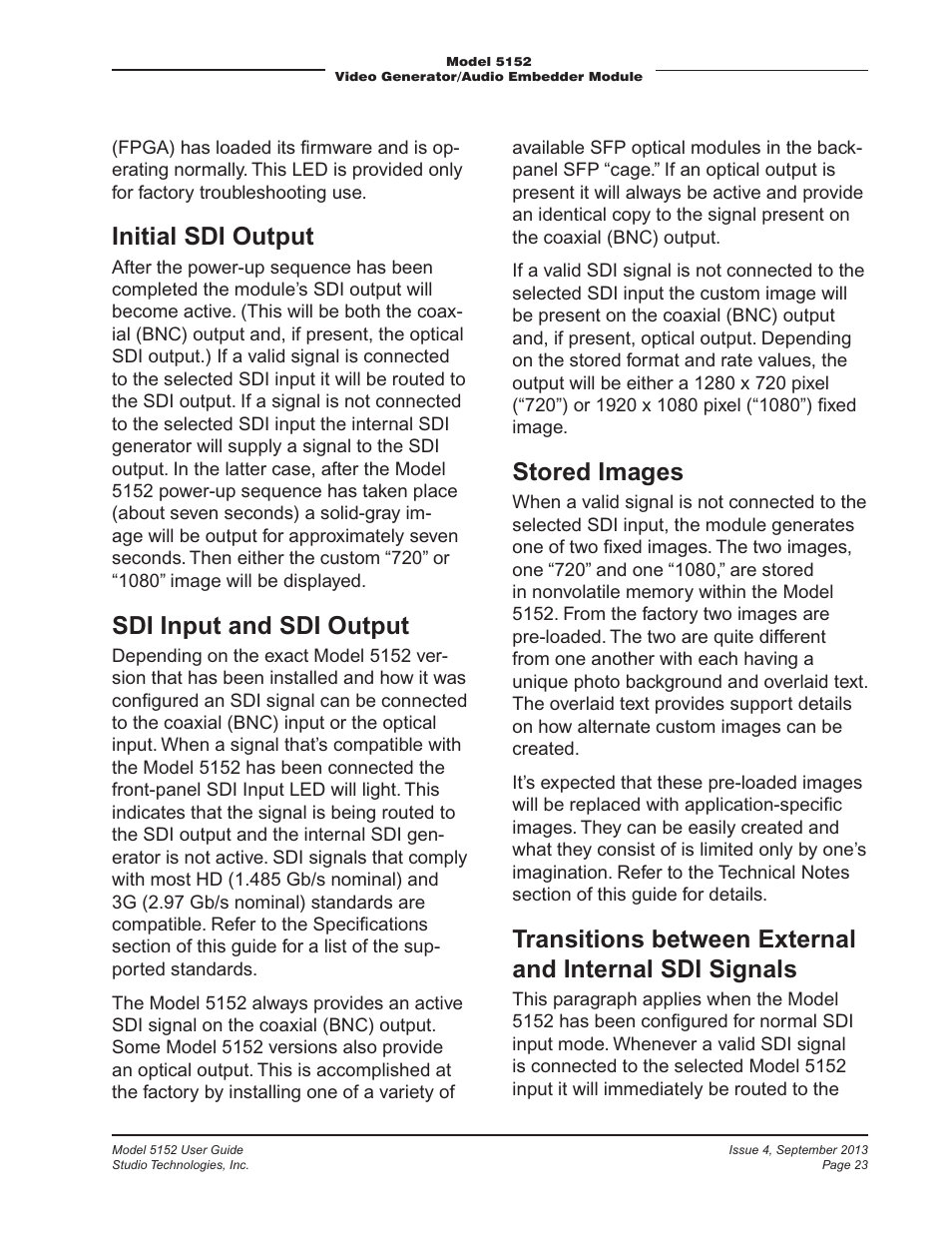 Initial sdi output, Sdi input and sdi output, Stored images | Studio Technologies 5152 V.2 User Manual | Page 23 / 37