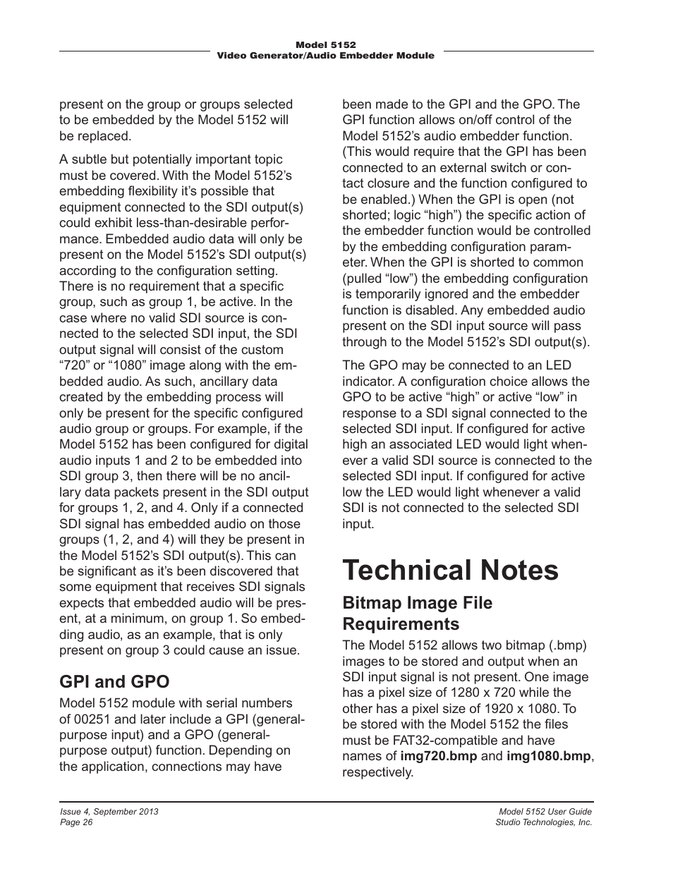 Technical notes, Gpi and gpo, Bitmap image file requirements | Studio Technologies 5152 V.2 User Manual | Page 26 / 37