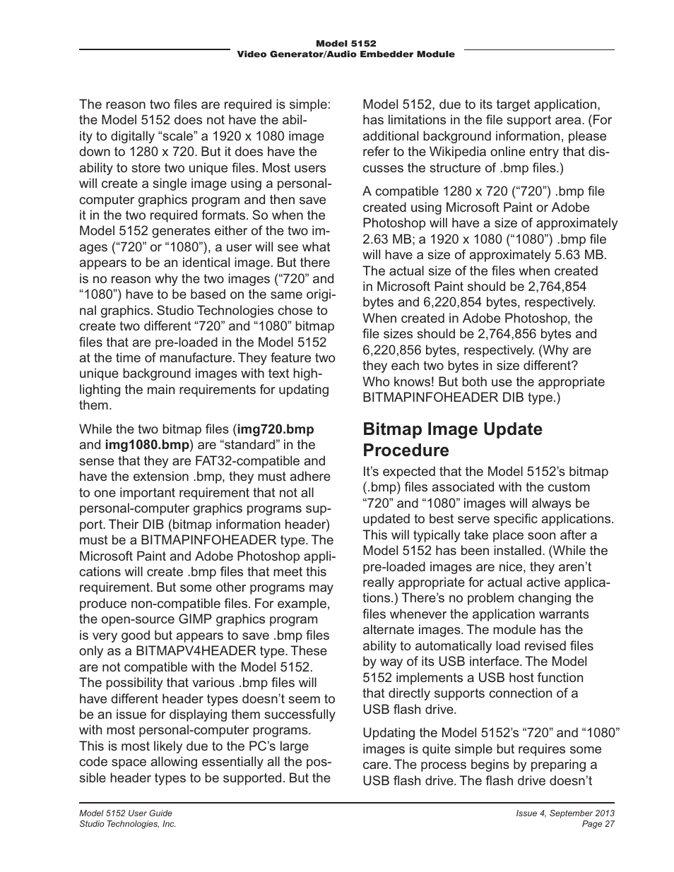 Bitmap image update procedure | Studio Technologies 5152 V.2 User Manual | Page 27 / 37
