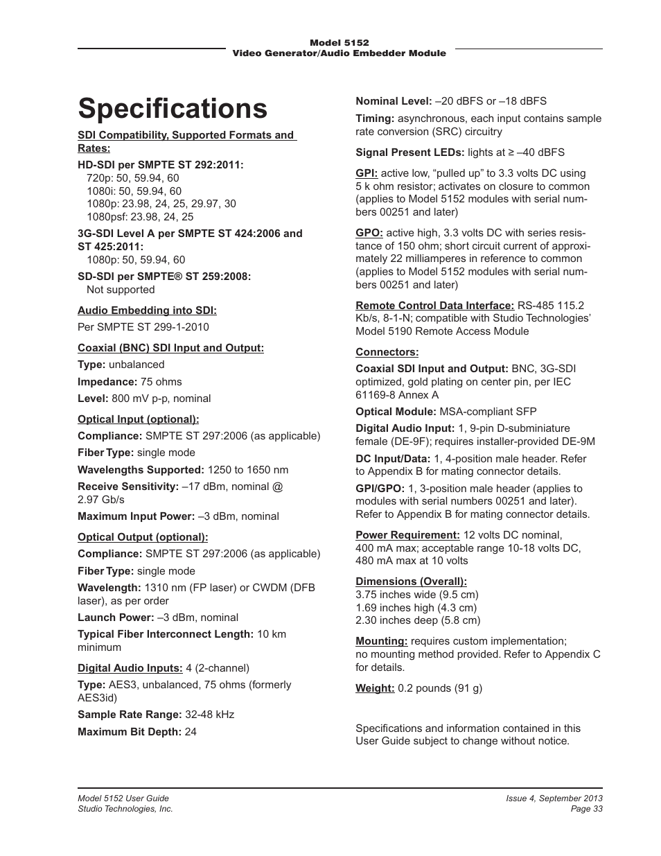 Specifications, Speciﬁcations | Studio Technologies 5152 V.2 User Manual | Page 33 / 37