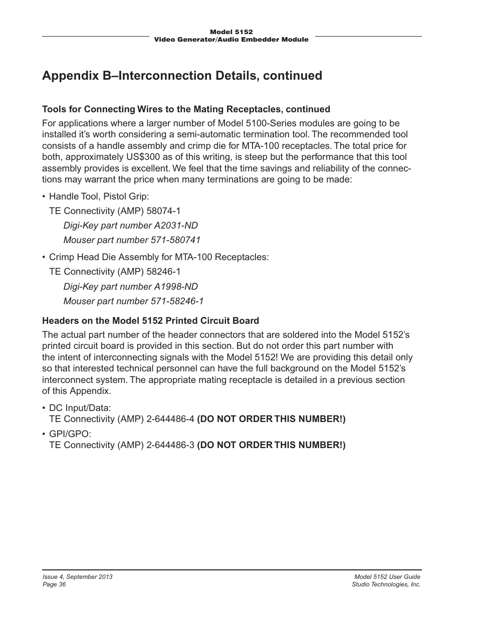 Appendix b–interconnection details, continued | Studio Technologies 5152 V.2 User Manual | Page 36 / 37