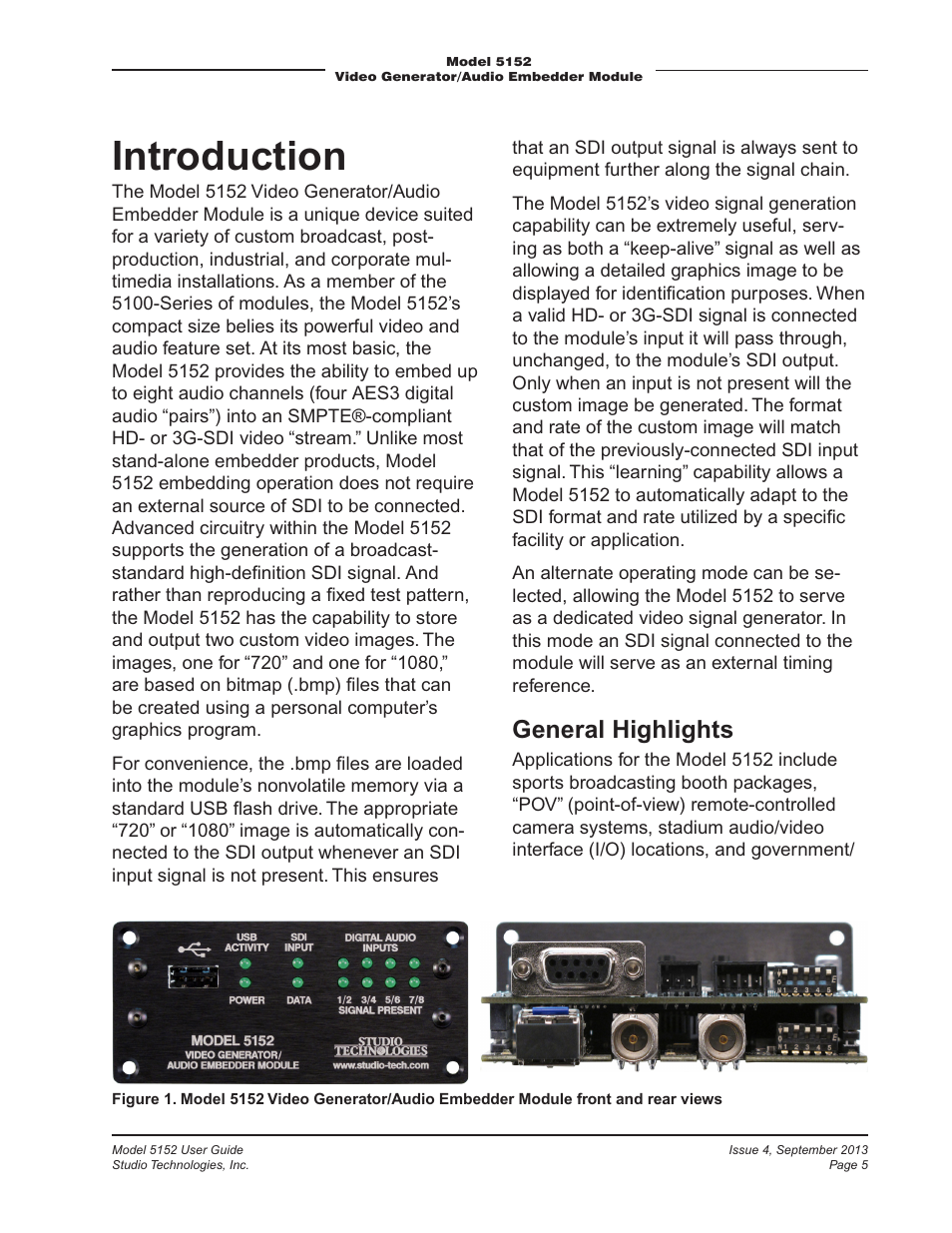 Introduction, General highlights | Studio Technologies 5152 V.2 User Manual | Page 5 / 37