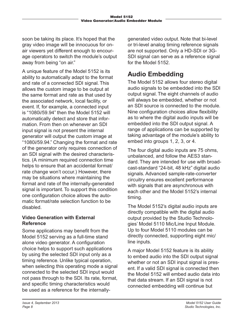 Audio embedding | Studio Technologies 5152 V.2 User Manual | Page 8 / 37