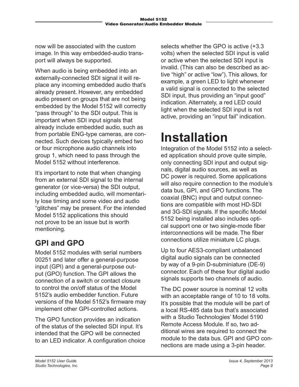 Installation, Gpi and gpo | Studio Technologies 5152 V.2 User Manual | Page 9 / 37