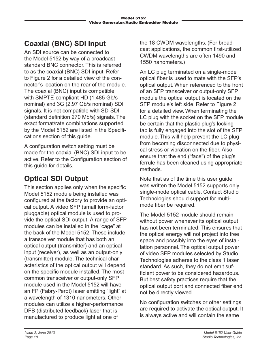 Coaxial (bnc) sdi input, Optical sdi output | Studio Technologies 5152 V.3 User Manual | Page 10 / 31