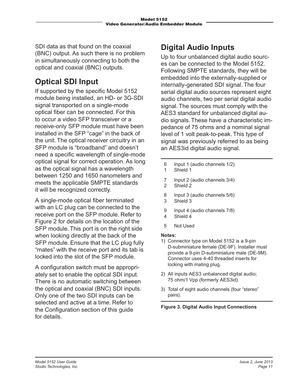 Optical sdi input, Digital audio inputs | Studio Technologies 5152 V.3 User Manual | Page 11 / 31