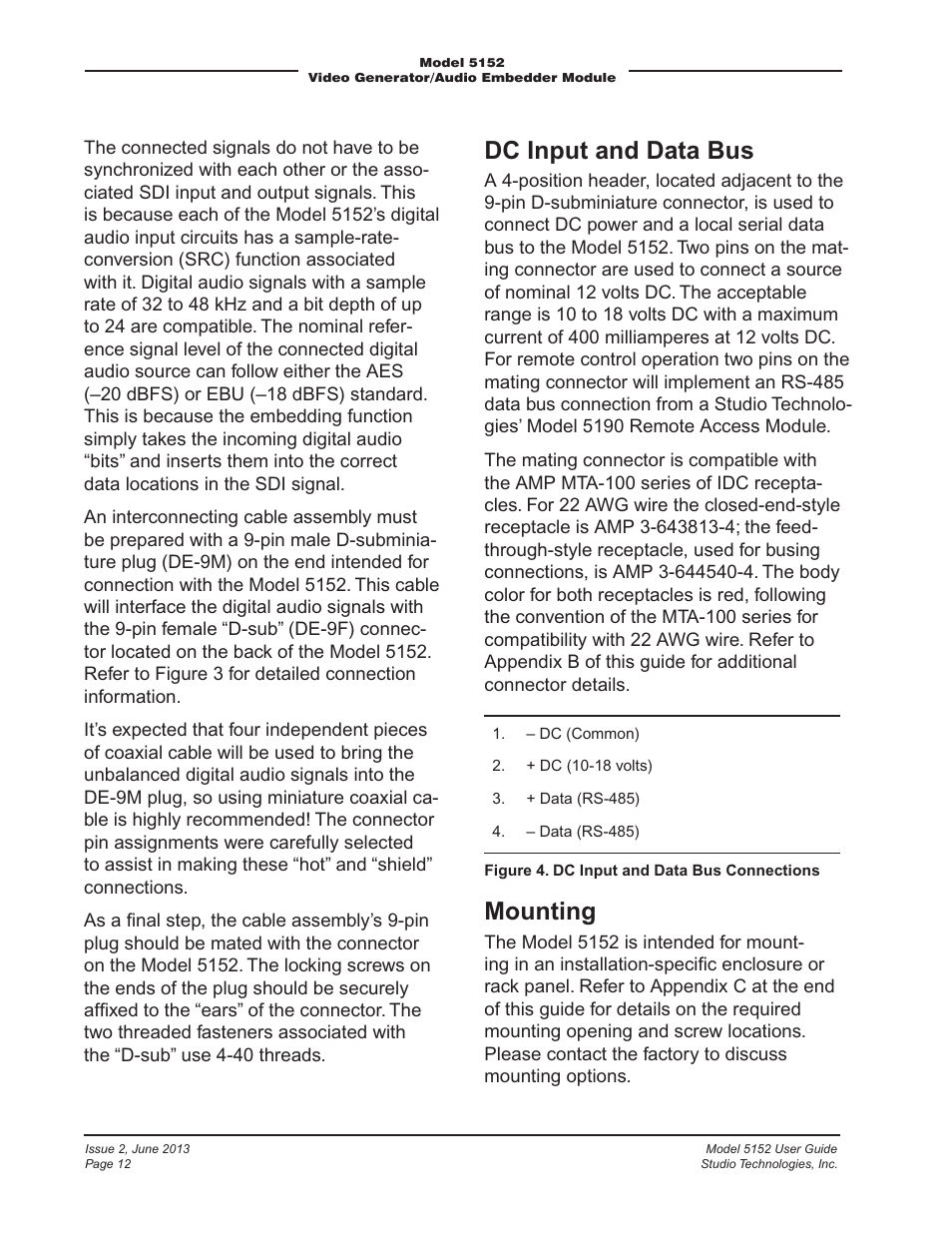 Dc input and data bus, Mounting | Studio Technologies 5152 V.3 User Manual | Page 12 / 31