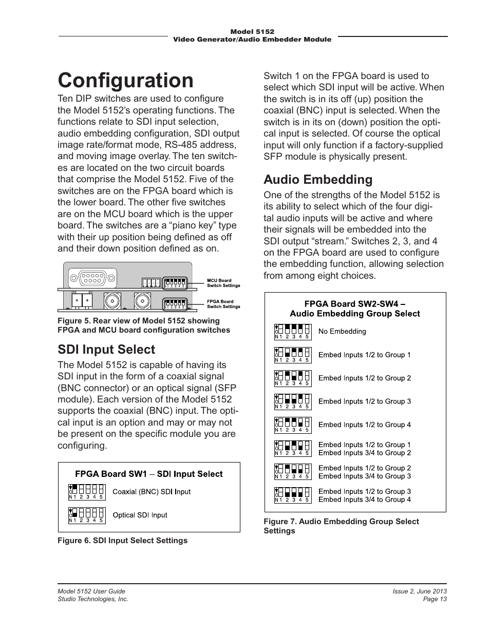 Configuration, Conﬁguration, Audio embedding | Sdi input select | Studio Technologies 5152 V.3 User Manual | Page 13 / 31