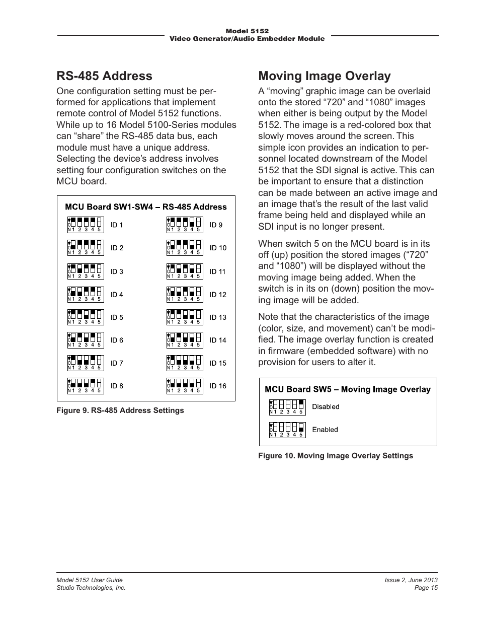 Rs-485 address, Moving image overlay | Studio Technologies 5152 V.3 User Manual | Page 15 / 31