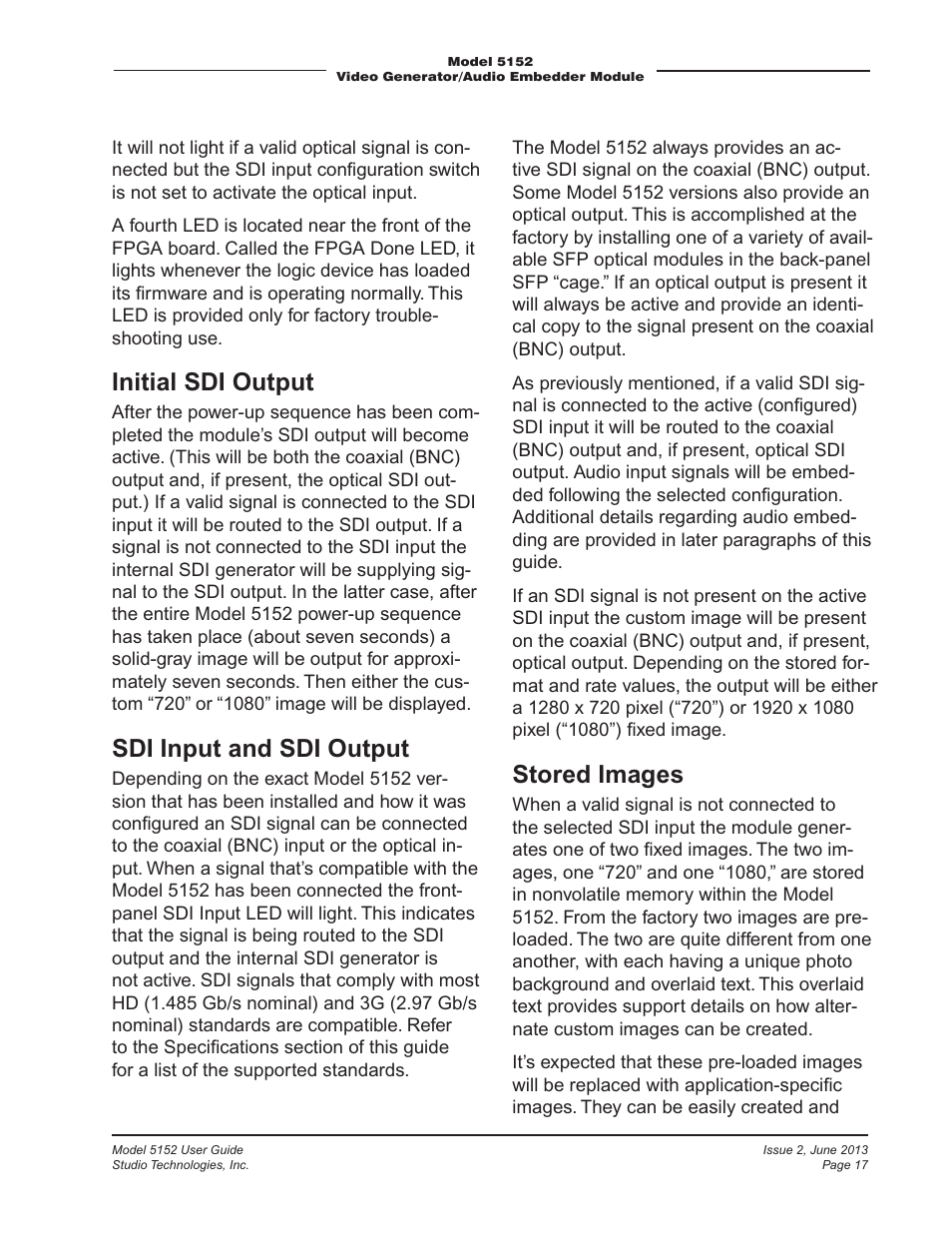 Initial sdi output, Sdi input and sdi output, Stored images | Studio Technologies 5152 V.3 User Manual | Page 17 / 31