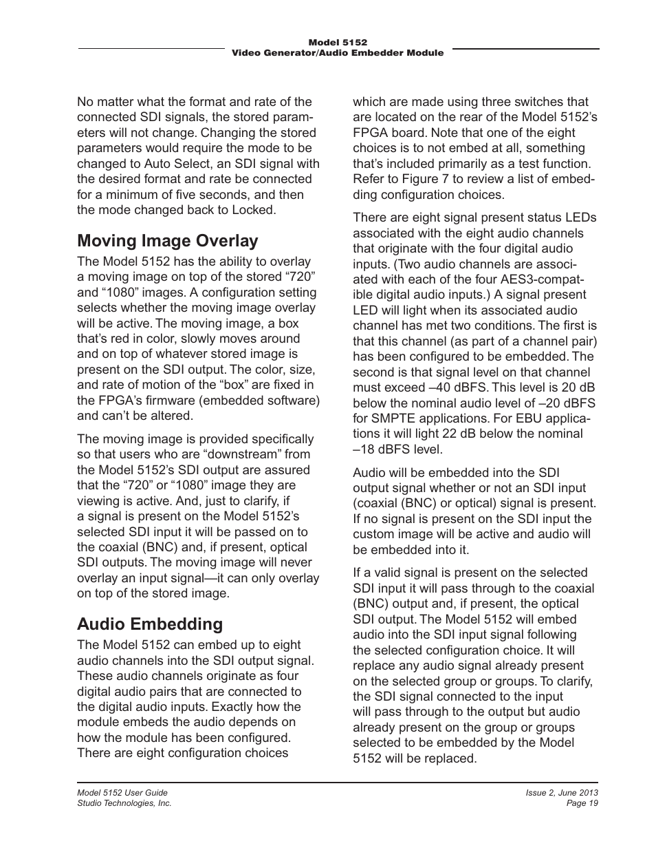 Moving image overlay, Audio embedding | Studio Technologies 5152 V.3 User Manual | Page 19 / 31