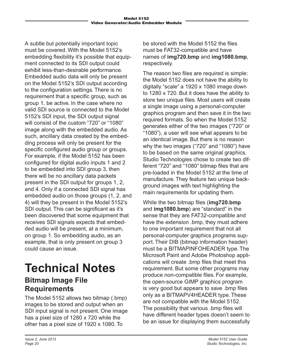 Technical notes, Bitmap image file requirements | Studio Technologies 5152 V.3 User Manual | Page 20 / 31