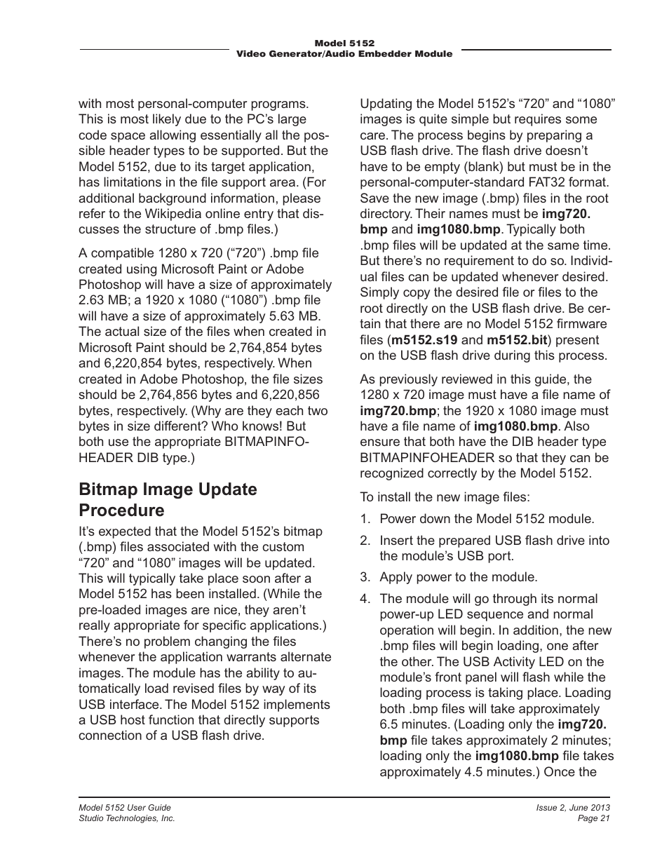 Bitmap image update procedure | Studio Technologies 5152 V.3 User Manual | Page 21 / 31