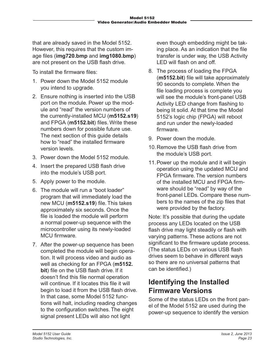 Identifying the installed firmware versions | Studio Technologies 5152 V.3 User Manual | Page 23 / 31