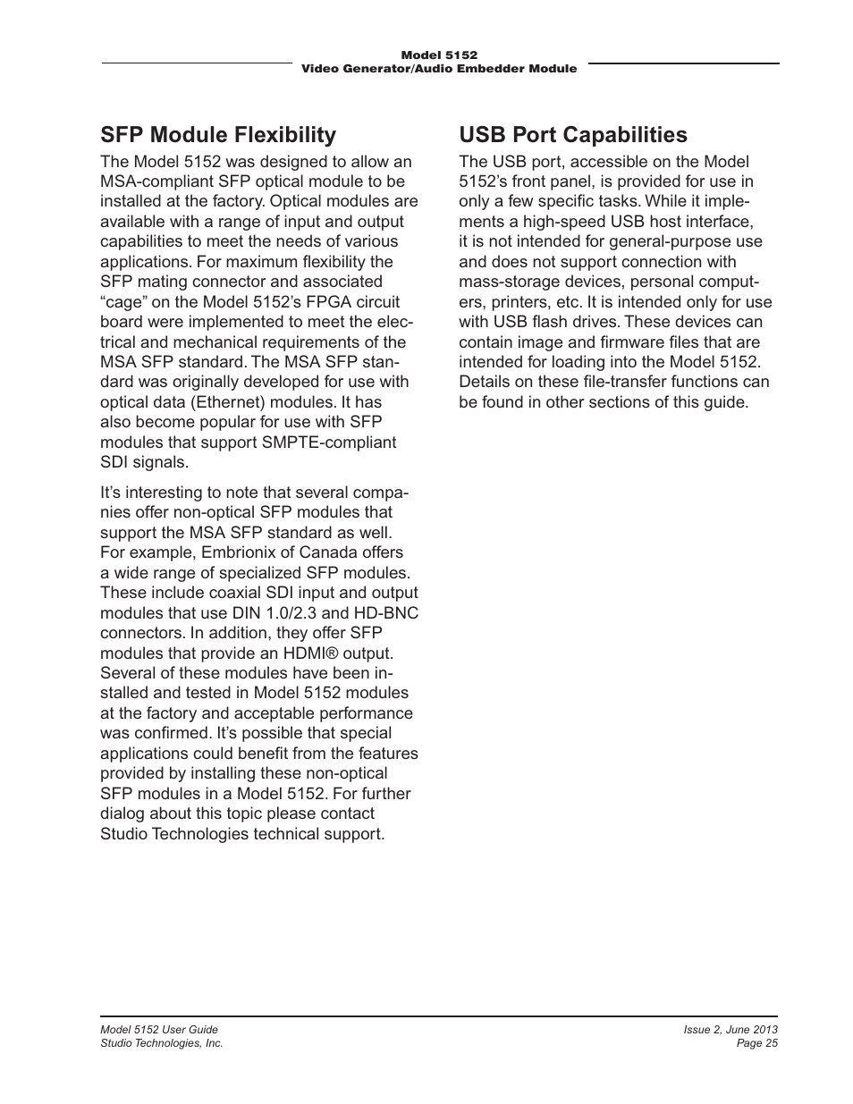 Sfp module flexibility, Usb port capabilities | Studio Technologies 5152 V.3 User Manual | Page 25 / 31