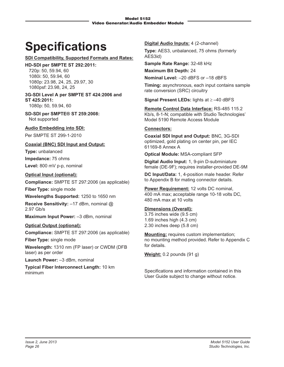 Specifications, Speciﬁcations | Studio Technologies 5152 V.3 User Manual | Page 26 / 31