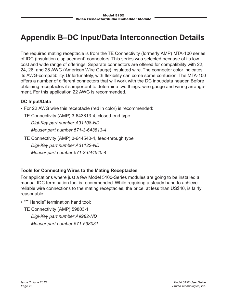 Appendix b–dc input/data interconnection details, Appendix b—dc input/data interconnection details | Studio Technologies 5152 V.3 User Manual | Page 28 / 31