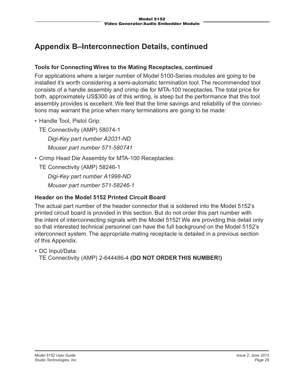 Appendix b–interconnection details, continued | Studio Technologies 5152 V.3 User Manual | Page 29 / 31