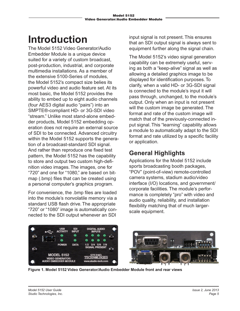 Introduction, General highlights | Studio Technologies 5152 V.3 User Manual | Page 5 / 31