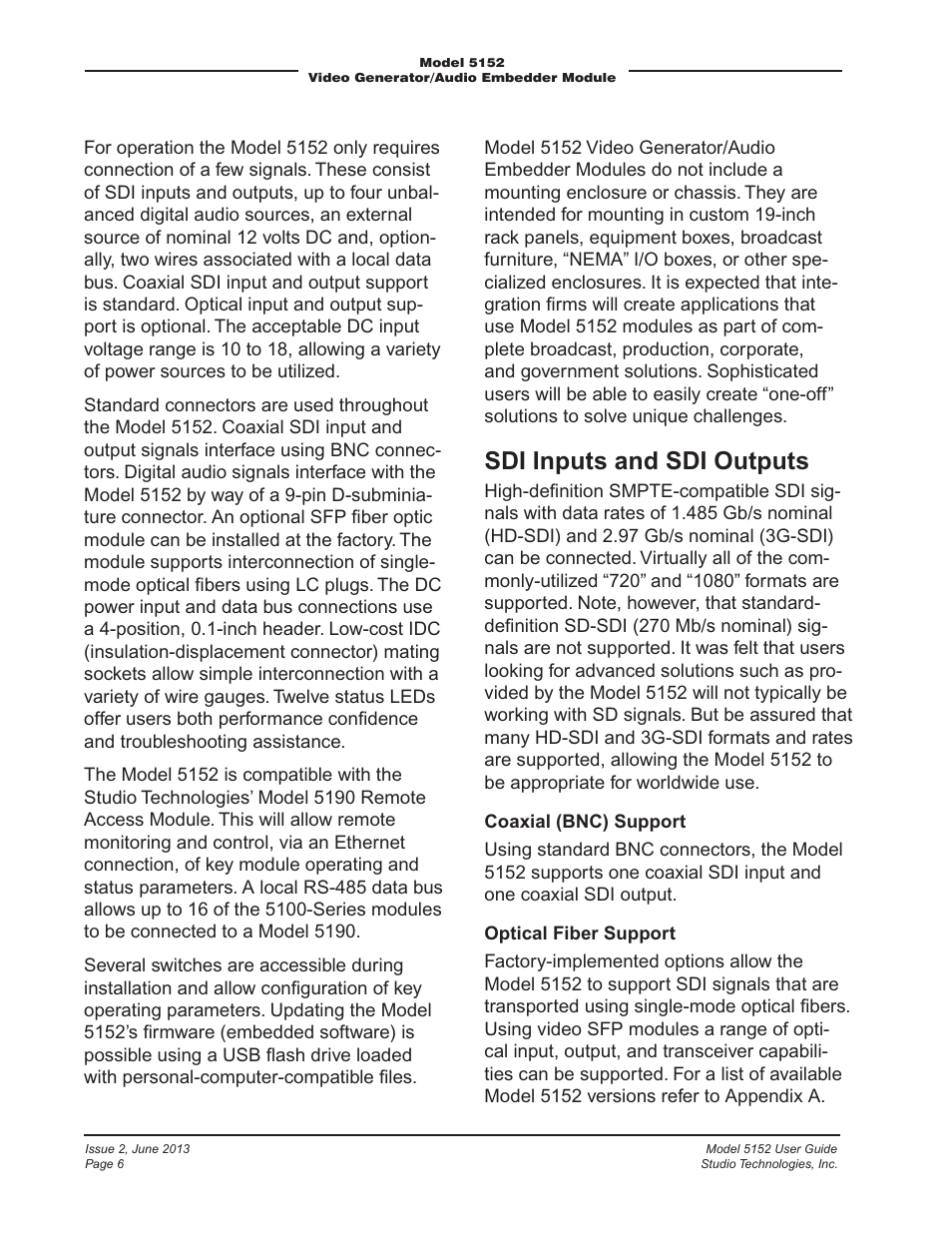 Sdi inputs and sdi outputs | Studio Technologies 5152 V.3 User Manual | Page 6 / 31