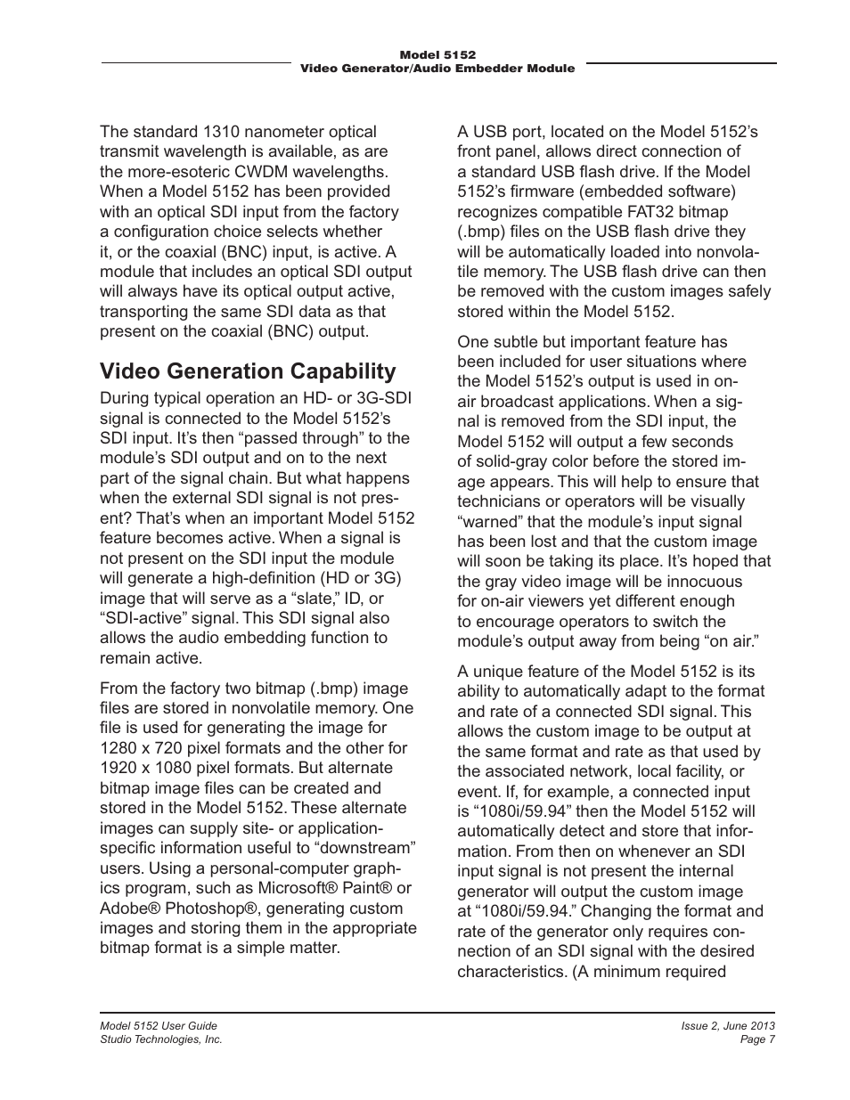 Video generation capability | Studio Technologies 5152 V.3 User Manual | Page 7 / 31
