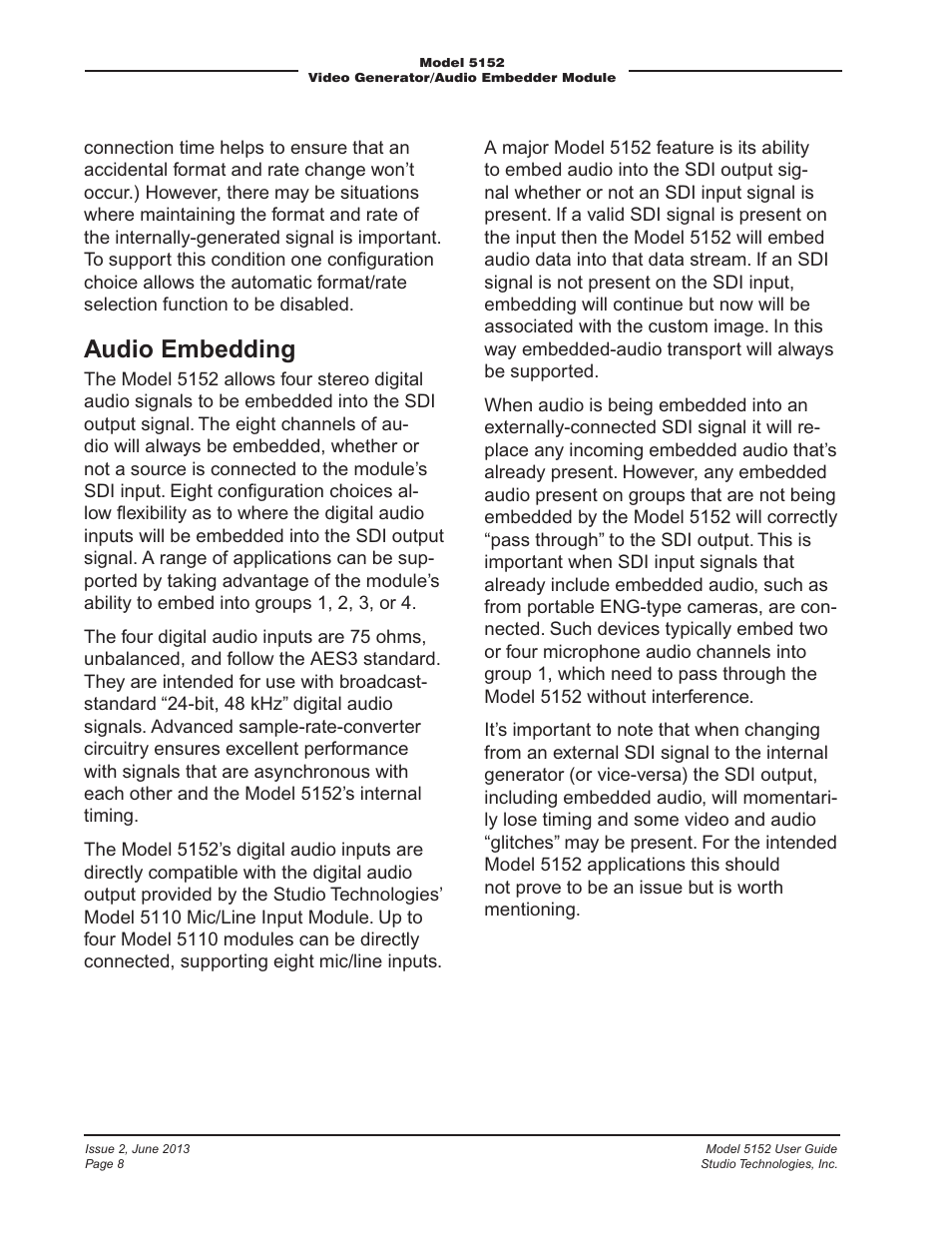 Audio embedding | Studio Technologies 5152 V.3 User Manual | Page 8 / 31