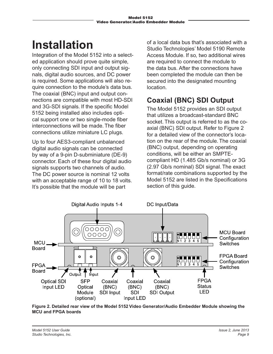 Installation, Coaxial (bnc) sdi output | Studio Technologies 5152 V.3 User Manual | Page 9 / 31