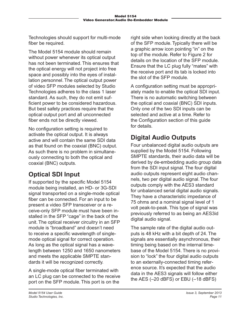 Optical sdi input, Digital audio outputs | Studio Technologies 5154 User Manual | Page 11 / 33