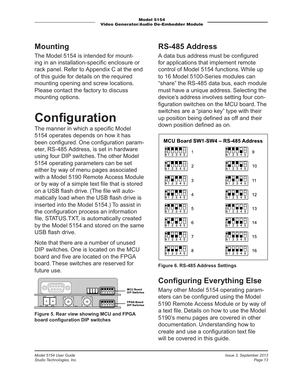 Configuration, Conﬁguration, Mounting | Rs-485 address, Conﬁguring everything else | Studio Technologies 5154 User Manual | Page 13 / 33