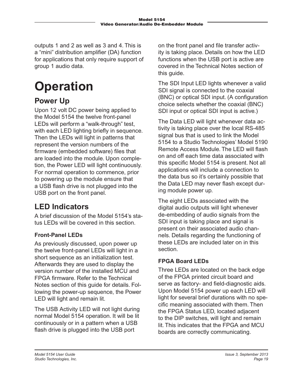 Operation, Power up, Led indicators | Studio Technologies 5154 User Manual | Page 19 / 33