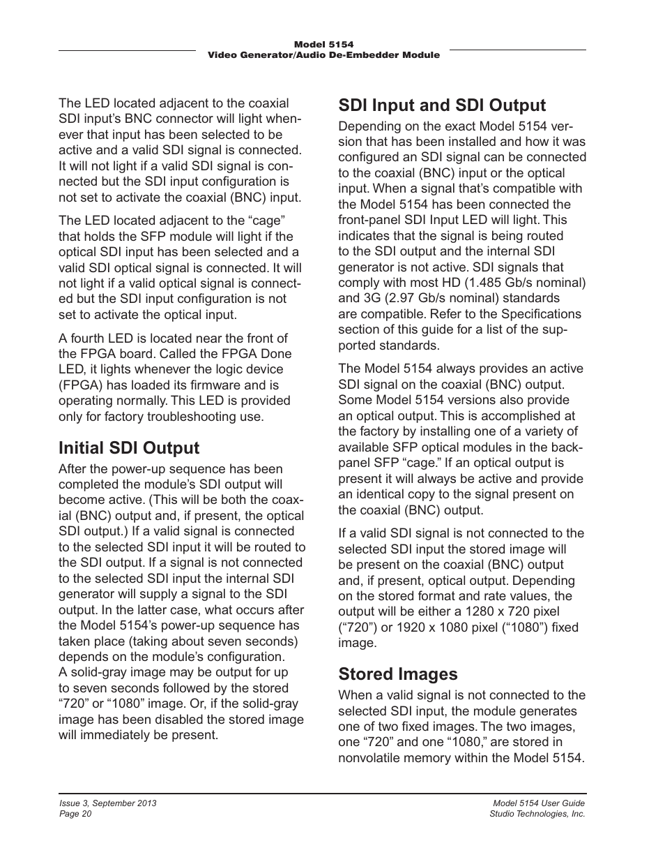 Initial sdi output, Sdi input and sdi output, Stored images | Studio Technologies 5154 User Manual | Page 20 / 33