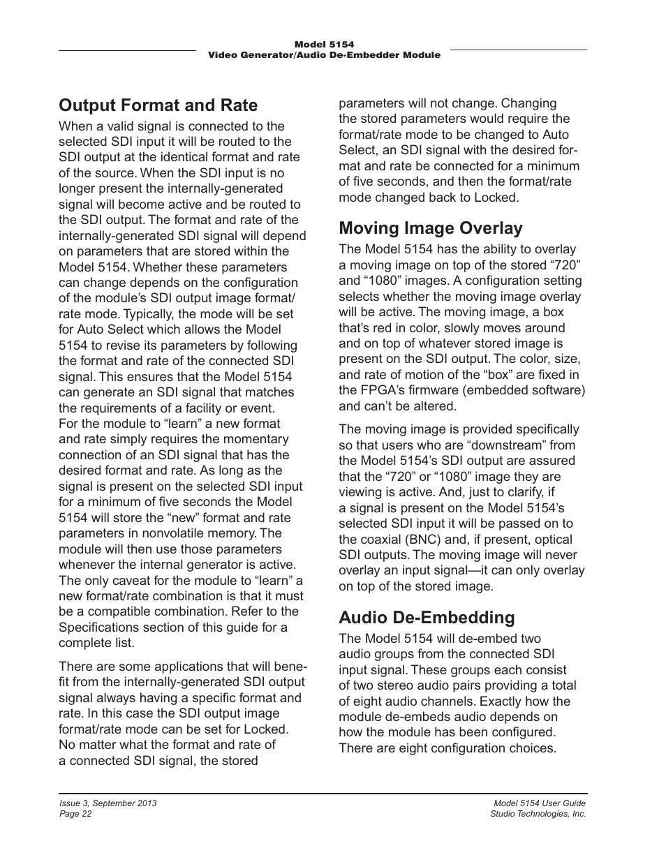 Output format and rate, Moving image overlay, Audio de-embedding | Studio Technologies 5154 User Manual | Page 22 / 33
