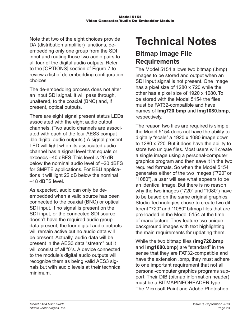 Technical notes, Bitmap image file requirements | Studio Technologies 5154 User Manual | Page 23 / 33