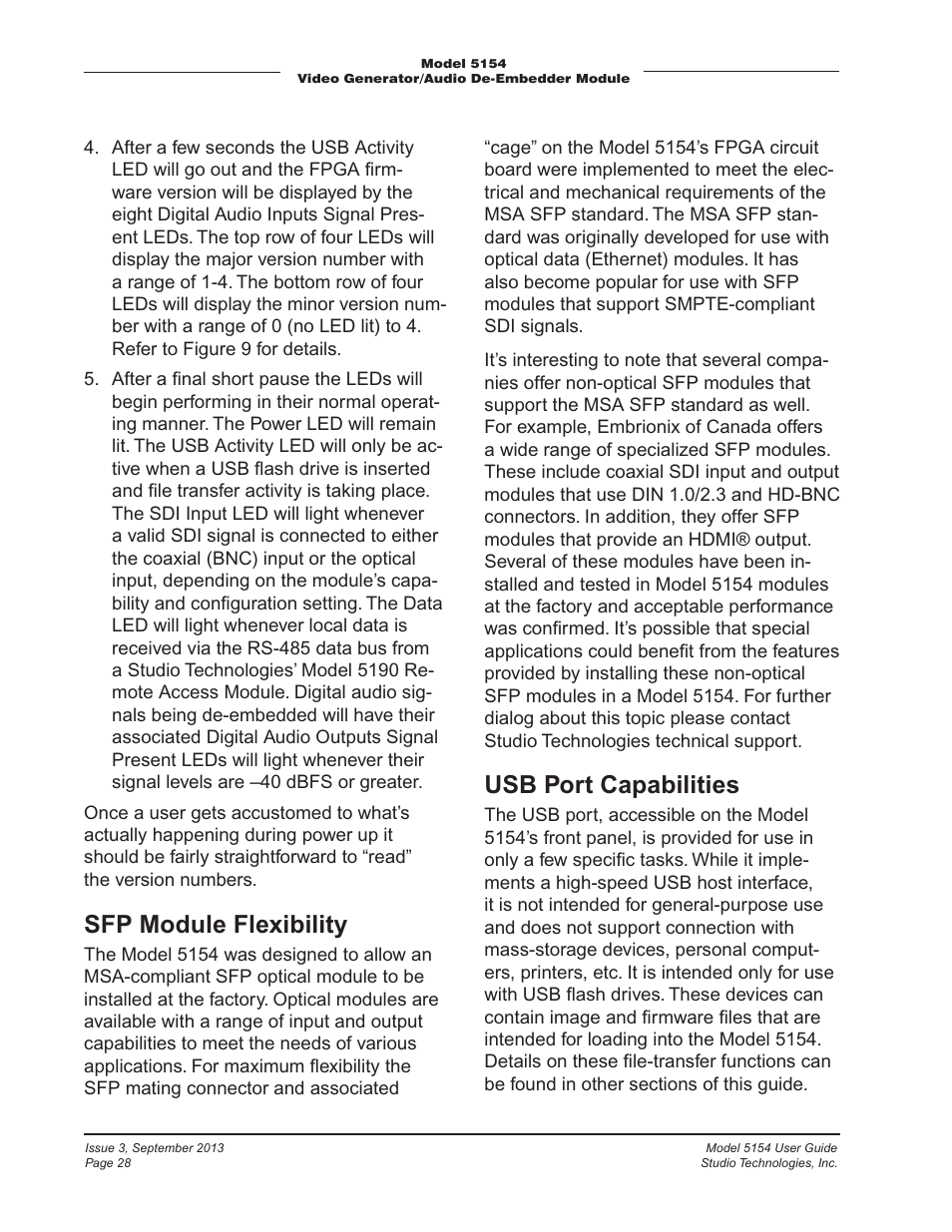 Sfp module flexibility, Usb port capabilities | Studio Technologies 5154 User Manual | Page 28 / 33