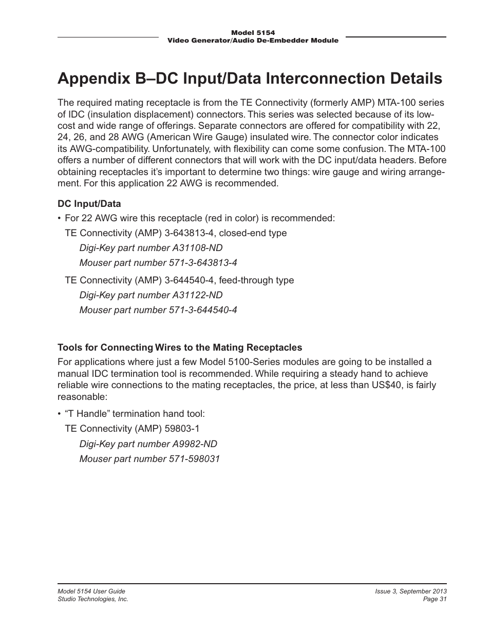 Appendix b–dc input/data interconnection details, Appendix b—dc input/data interconnection details | Studio Technologies 5154 User Manual | Page 31 / 33