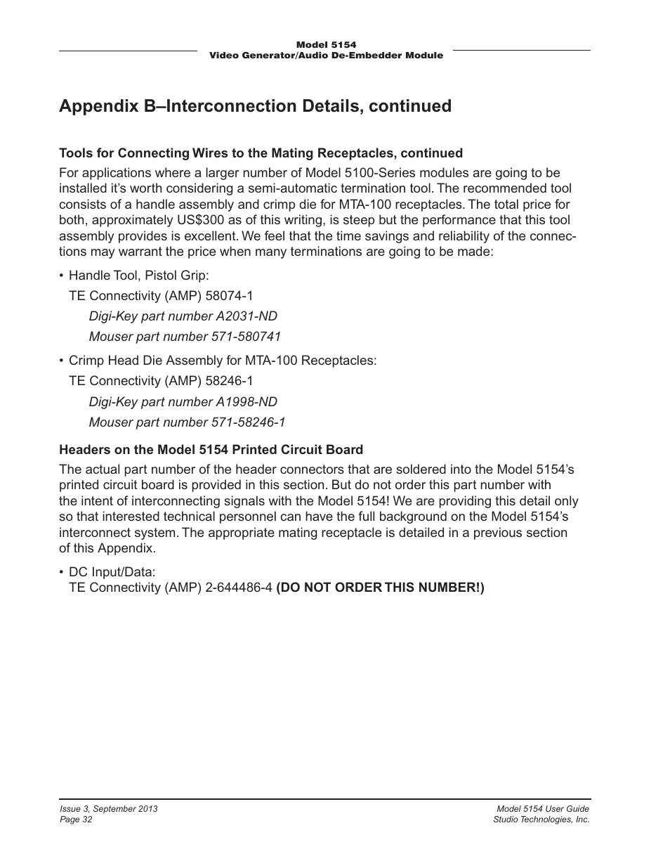 Appendix b–interconnection details, continued | Studio Technologies 5154 User Manual | Page 32 / 33