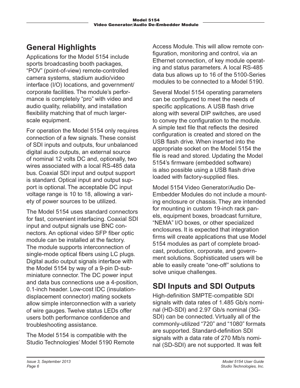 General highlights, Sdi inputs and sdi outputs | Studio Technologies 5154 User Manual | Page 6 / 33