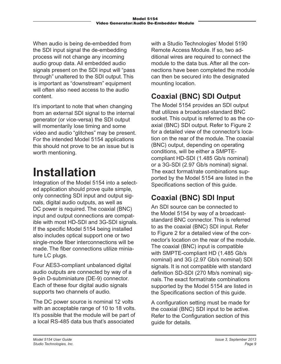 Installation, Coaxial (bnc) sdi output, Coaxial (bnc) sdi input | Studio Technologies 5154 User Manual | Page 9 / 33