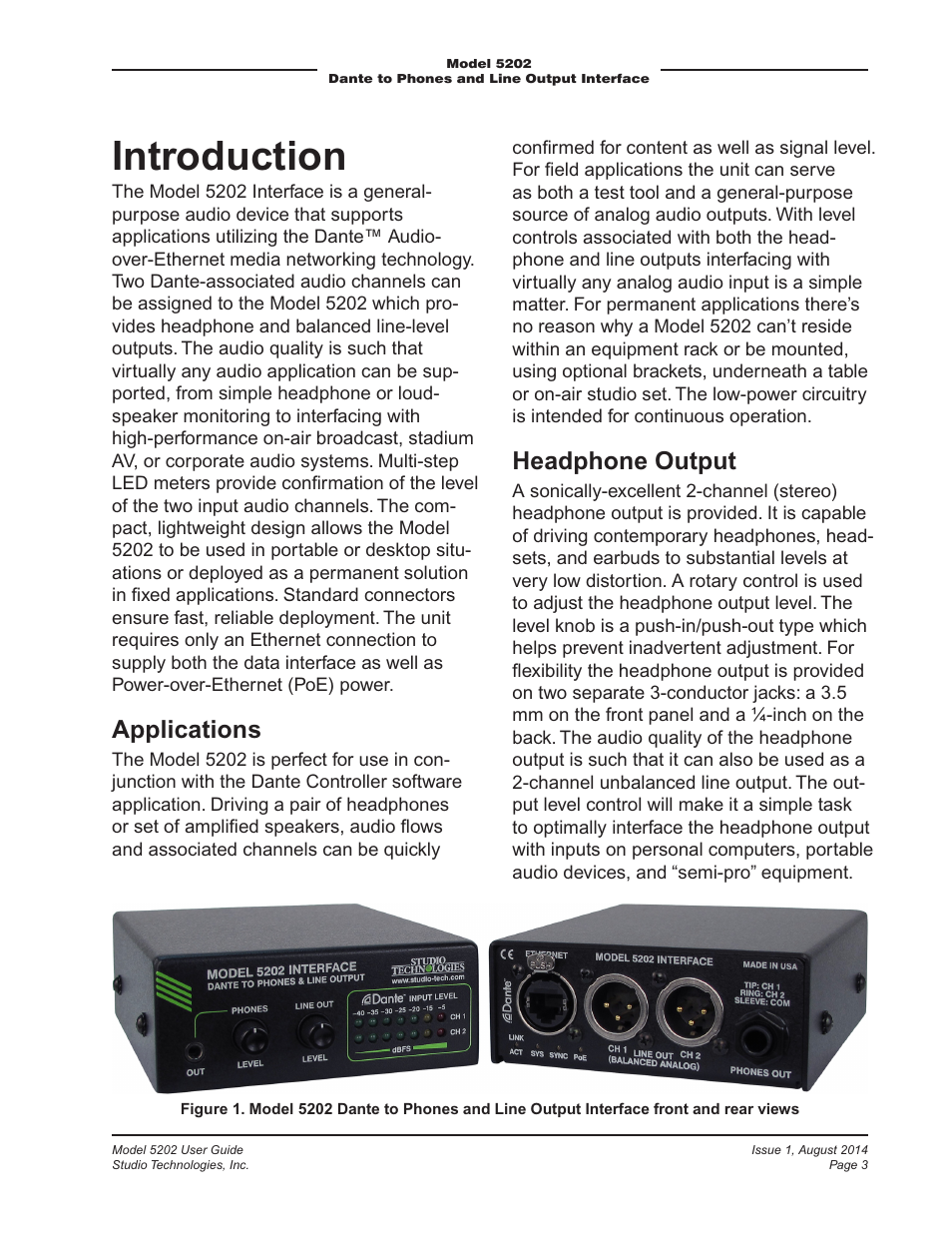 Introduction, Applications, Headphone output | Studio Technologies 5202 User Manual | Page 3 / 9