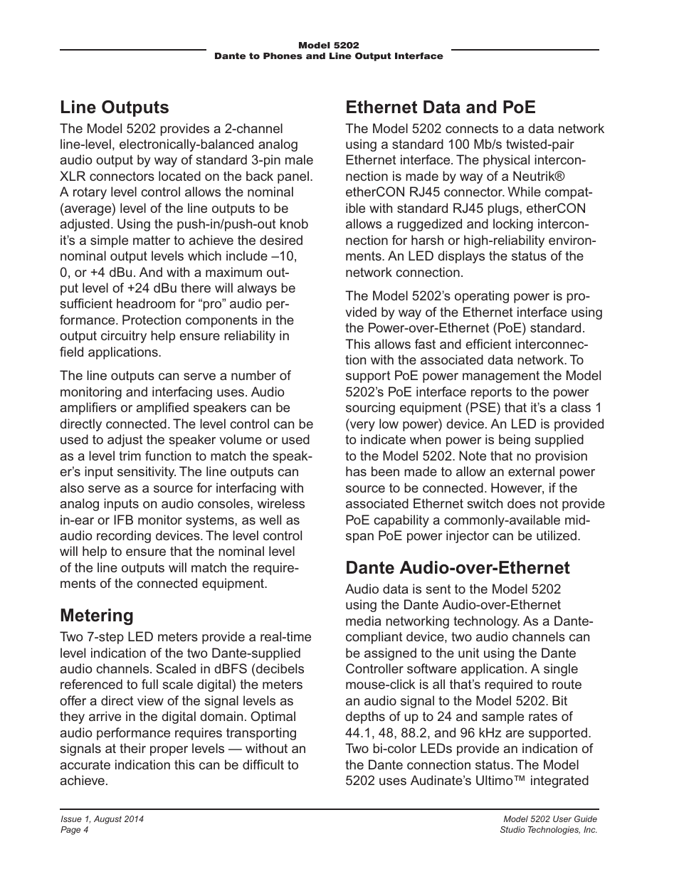 Line outputs, Metering, Ethernet data and poe | Dante audio-over-ethernet | Studio Technologies 5202 User Manual | Page 4 / 9