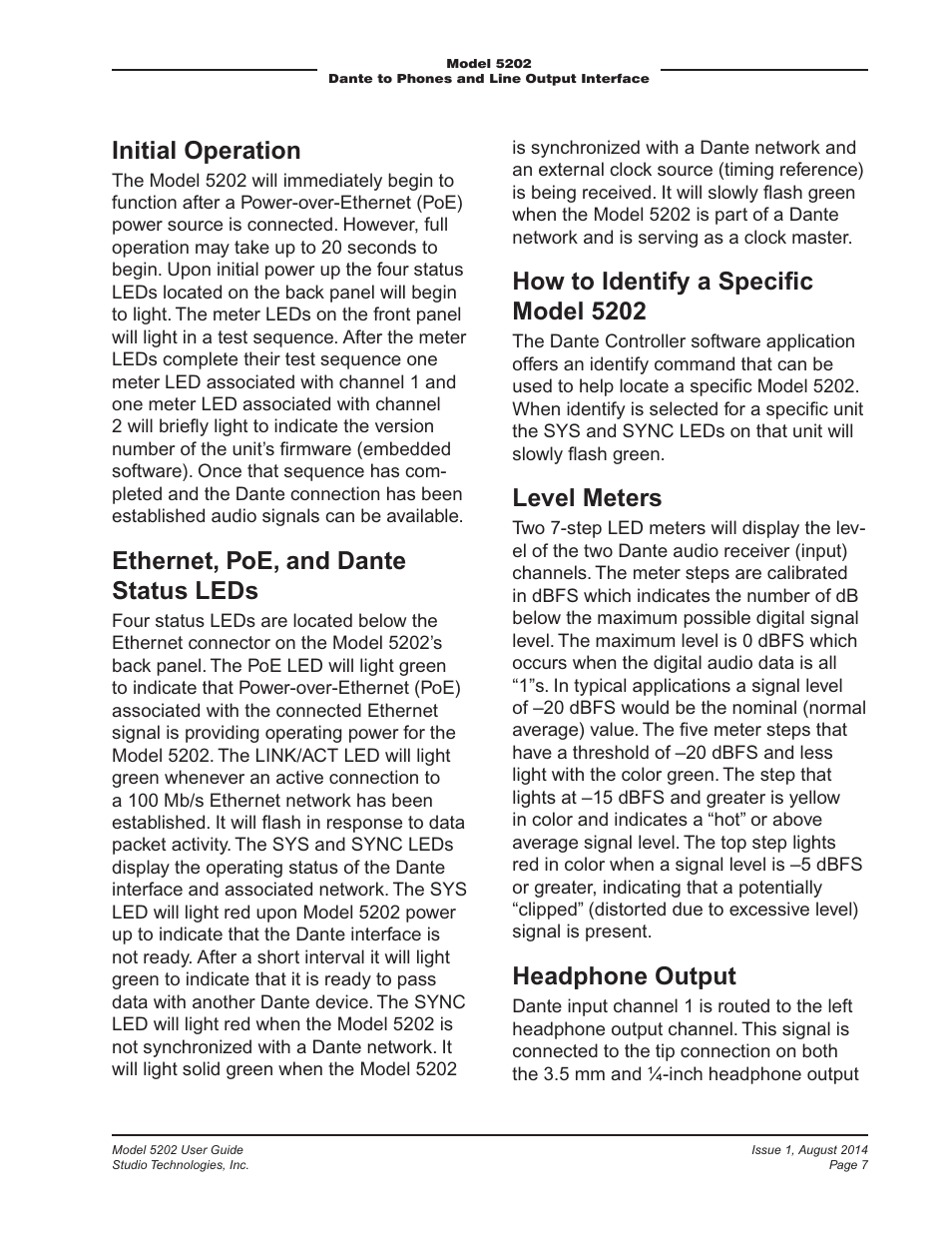 Initial operation, Ethernet, poe, and dante status leds, How to identify a speciﬁc model 5202 | Level meters, Headphone output | Studio Technologies 5202 User Manual | Page 7 / 9