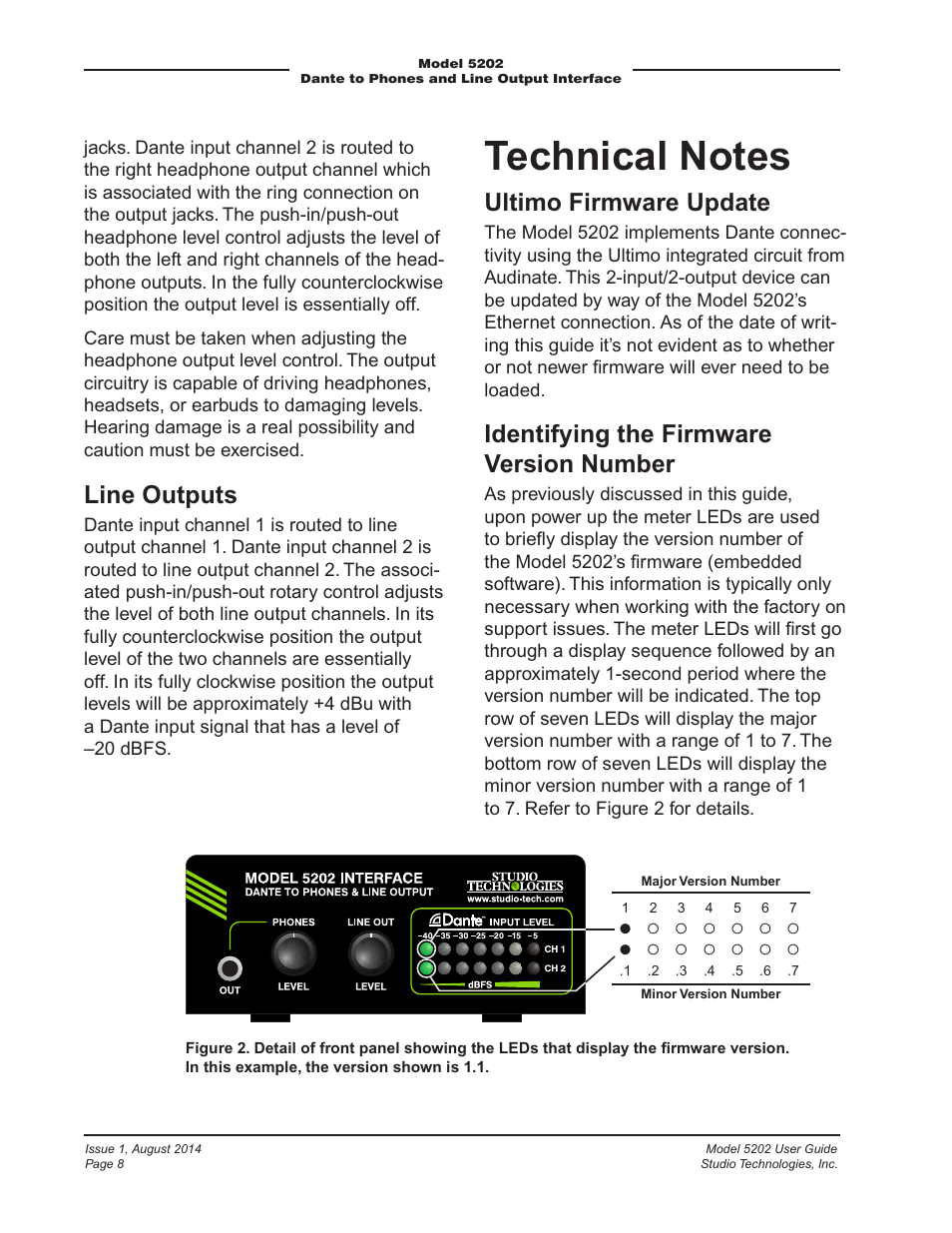 Line outputs, Ultimo firmware update, Identifying the firmware version number | Studio Technologies 5202 User Manual | Page 8 / 9