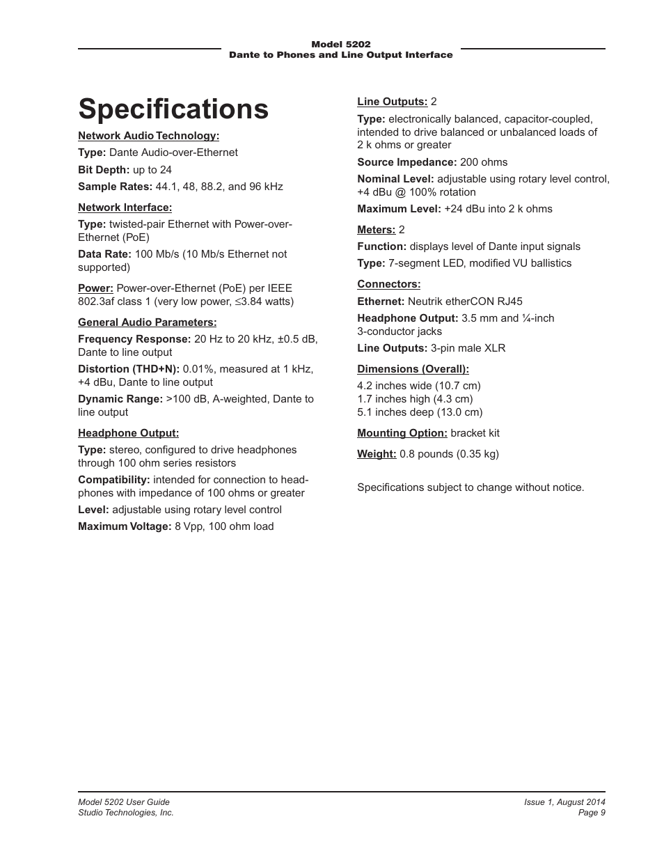 Speciﬁcations | Studio Technologies 5202 User Manual | Page 9 / 9