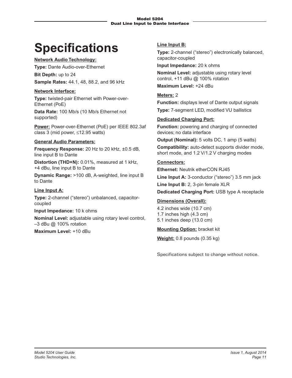 Speciﬁcations | Studio Technologies 5204 User Manual | Page 11 / 11