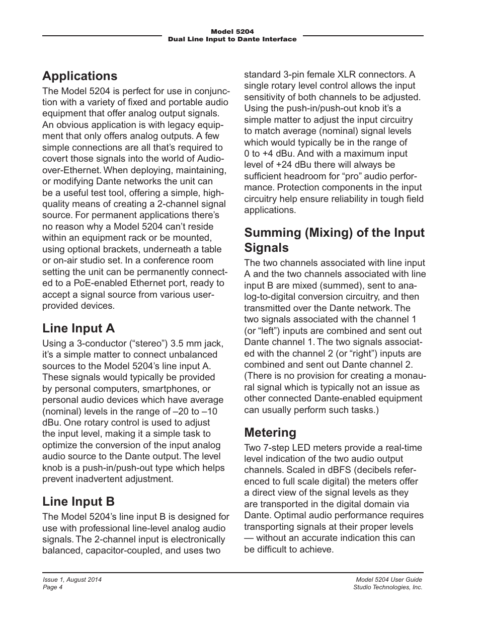 Applications, Line input a, Line input b | Summing (mixing) of the input signals, Metering | Studio Technologies 5204 User Manual | Page 4 / 11