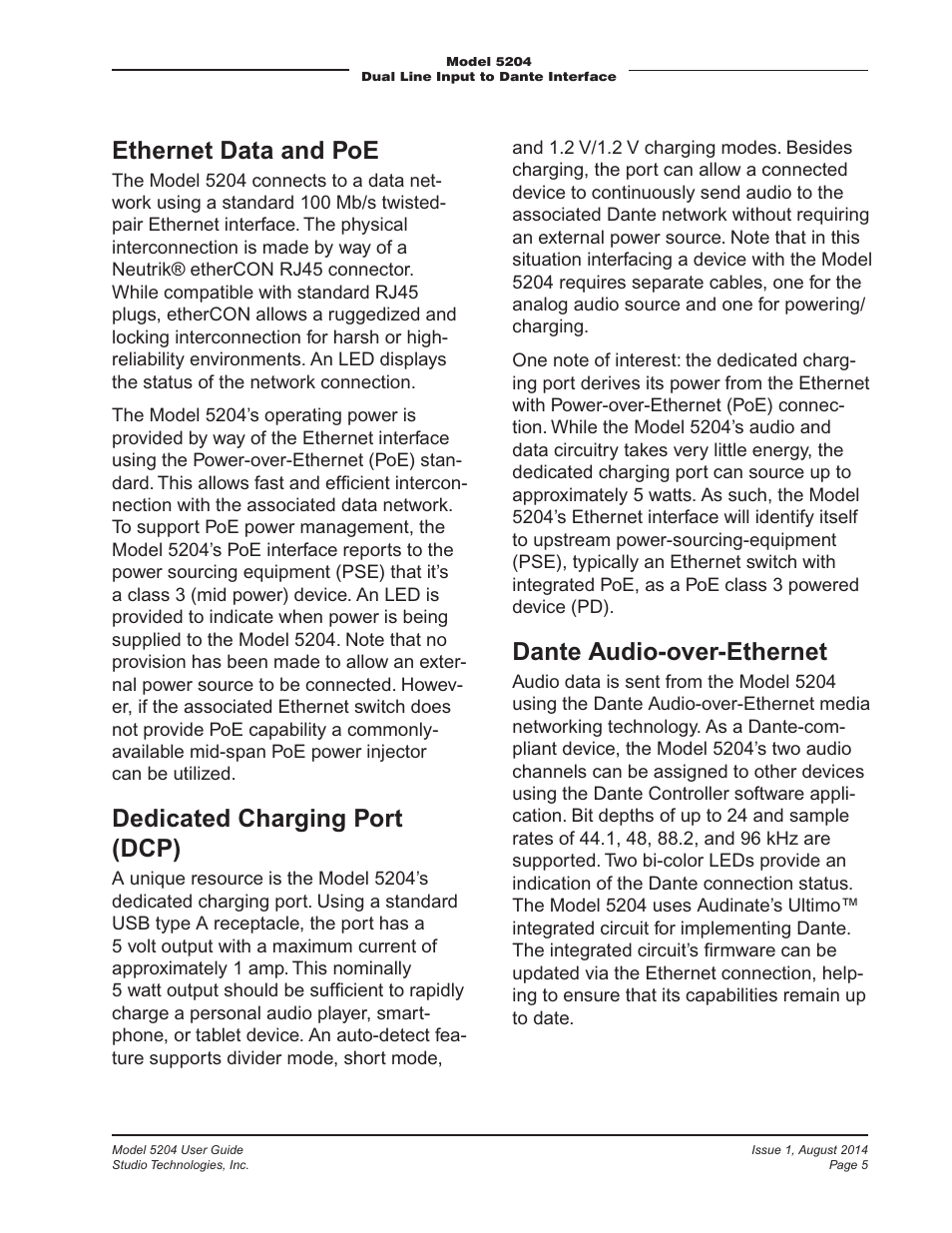 Ethernet data and poe, Dedicated charging port (dcp), Dante audio-over-ethernet | Studio Technologies 5204 User Manual | Page 5 / 11