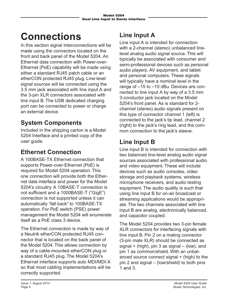 Connections, System components, Ethernet connection | Line input a, Line input b | Studio Technologies 5204 User Manual | Page 6 / 11