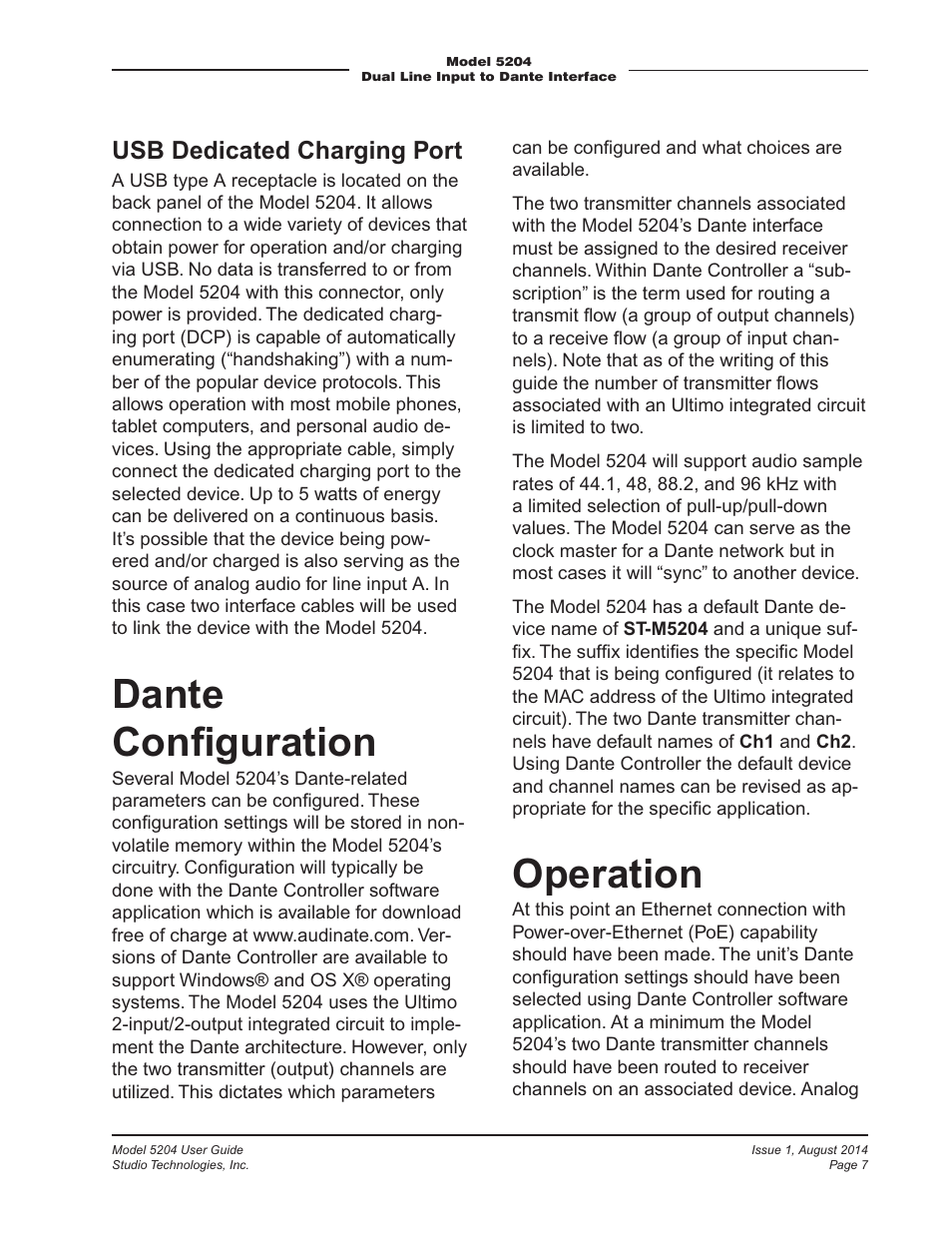 Dante conﬁguration, Operation, Usb dedicated charging port | Studio Technologies 5204 User Manual | Page 7 / 11