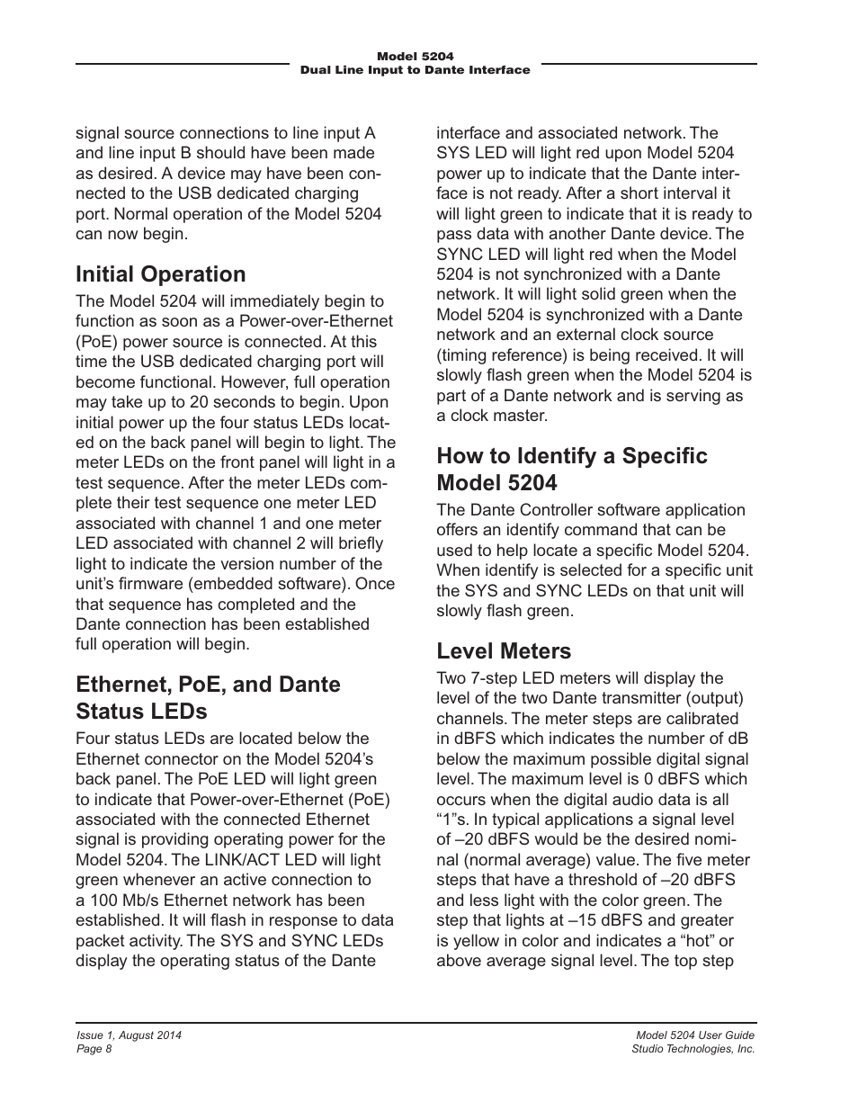 Initial operation, Ethernet, poe, and dante status leds, How to identify a speciﬁc model 5204 | Level meters | Studio Technologies 5204 User Manual | Page 8 / 11