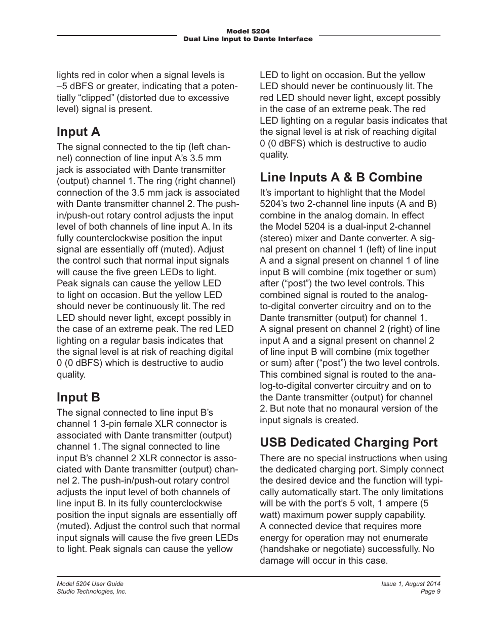 Input a, Input b, Line inputs a & b combine | Usb dedicated charging port | Studio Technologies 5204 User Manual | Page 9 / 11